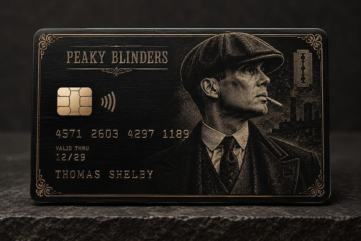 A novelty credit card featuring a black-and-gold engraved design with the text 'PEAKY BLINDERS' and a portrait of Thomas Shelby from Peaky Blinders, shown standing upright on a dark textured surface.