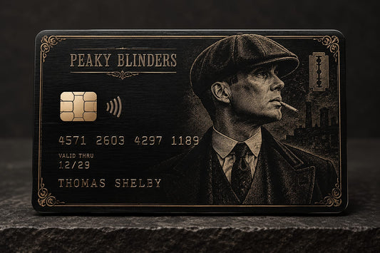 A novelty credit card featuring a black-and-gold engraved design with the text 'PEAKY BLINDERS' and a portrait of Thomas Shelby from Peaky Blinders, shown standing upright on a dark textured surface.