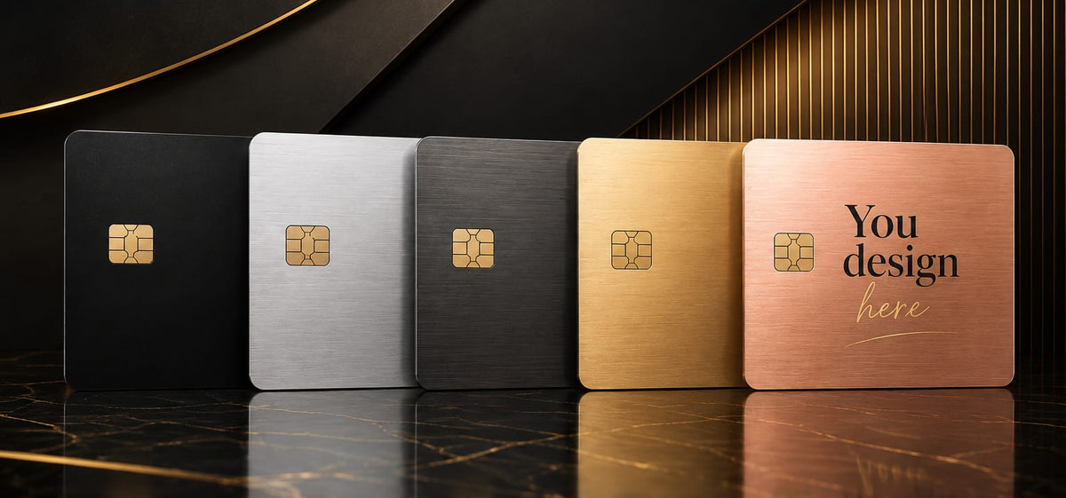 Five credit-card-style payment devices lined up on a glossy dark surface, shown in black, silver, dark gray, gold, and rose gold finishes. The rightmost card has placeholder text reading 'You design here' and a gold chip icon.
