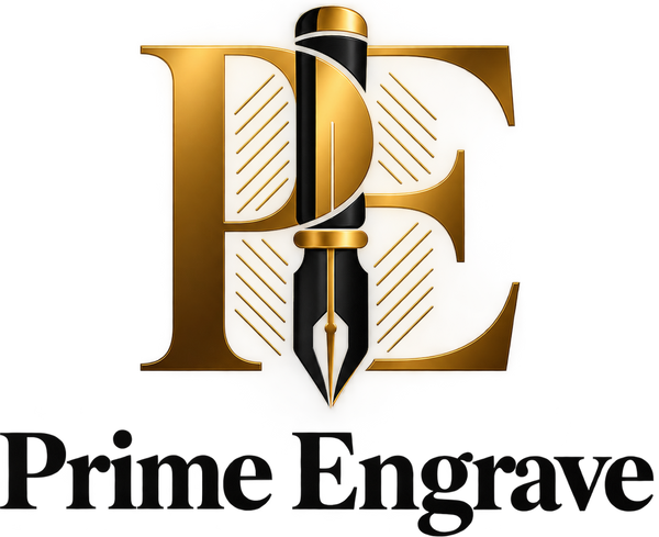 A logo featuring a large stylized gold and white letter E with a black fountain pen running through the center, above the words 'Prime Engrave' in black serif text on a white background.